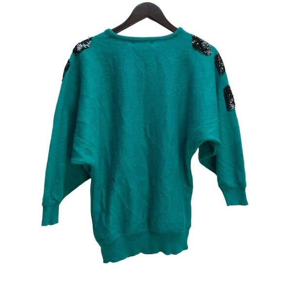 vintage 80's Green Crew Neck Sweater Black Sequin Detailing Size M - Picture 6 of 11